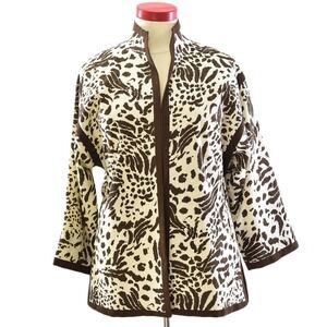 70s Vintage Linen Kimono Jacket Womens 2XL Brown Animal Print Safari Coat Plus